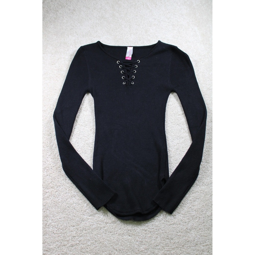 No Boundaries Sweater Womens Small Black Lace Up Ribbed Long Sleeve Pullover Top